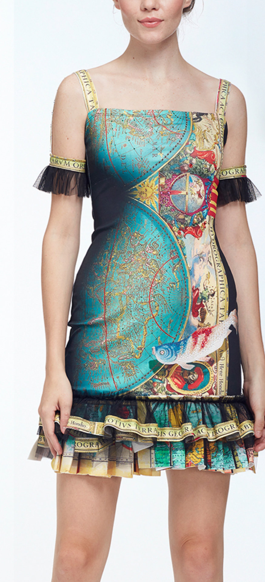 IPNG: The World At Your Paper Boat Trip Ruffled Map Illusion Midi Dress IPNG_PBTDM-005