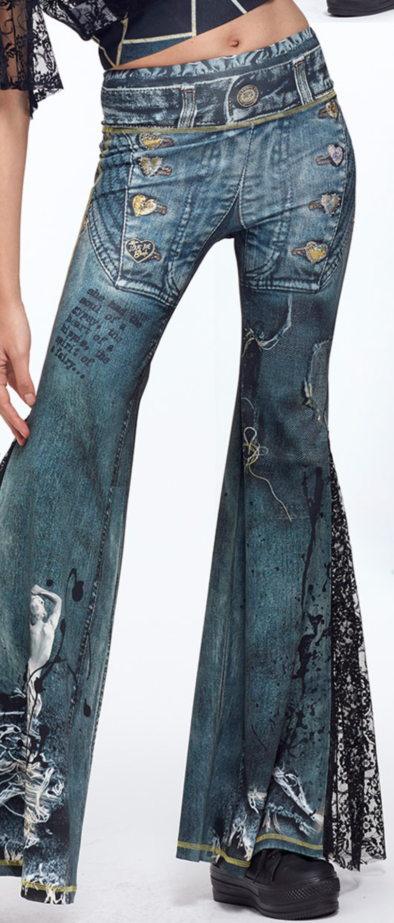 IPNG: Love Me Black Jeweled Denim Illusion Flare Pant IPNG_LMBYP-104