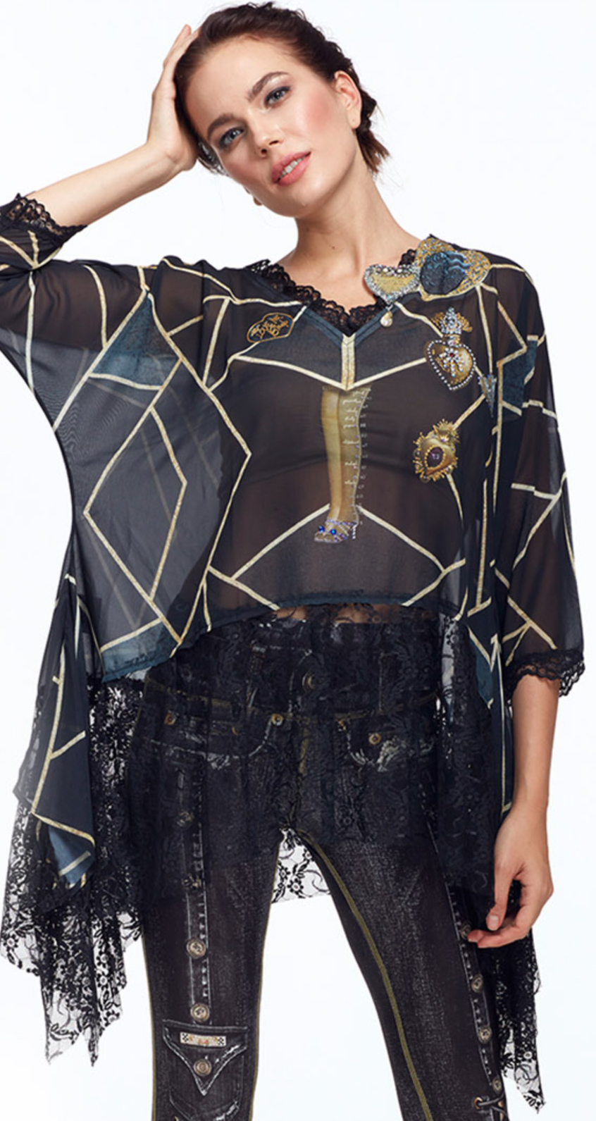 IPNG: Love Me Black Bejeweled Illusion Asymmetrical Tunic IPNG_LMBTU-088