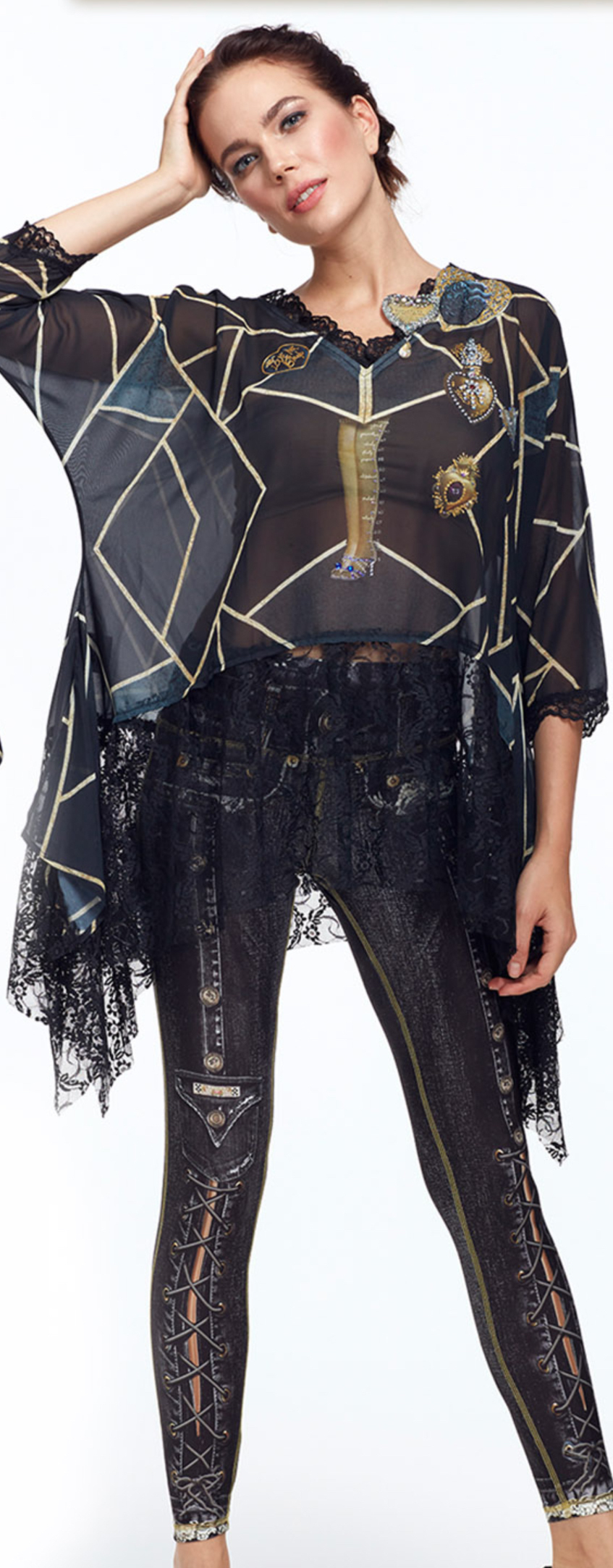 IPNG: Love Me Black Bejeweled Illusion Asymmetrical Tunic