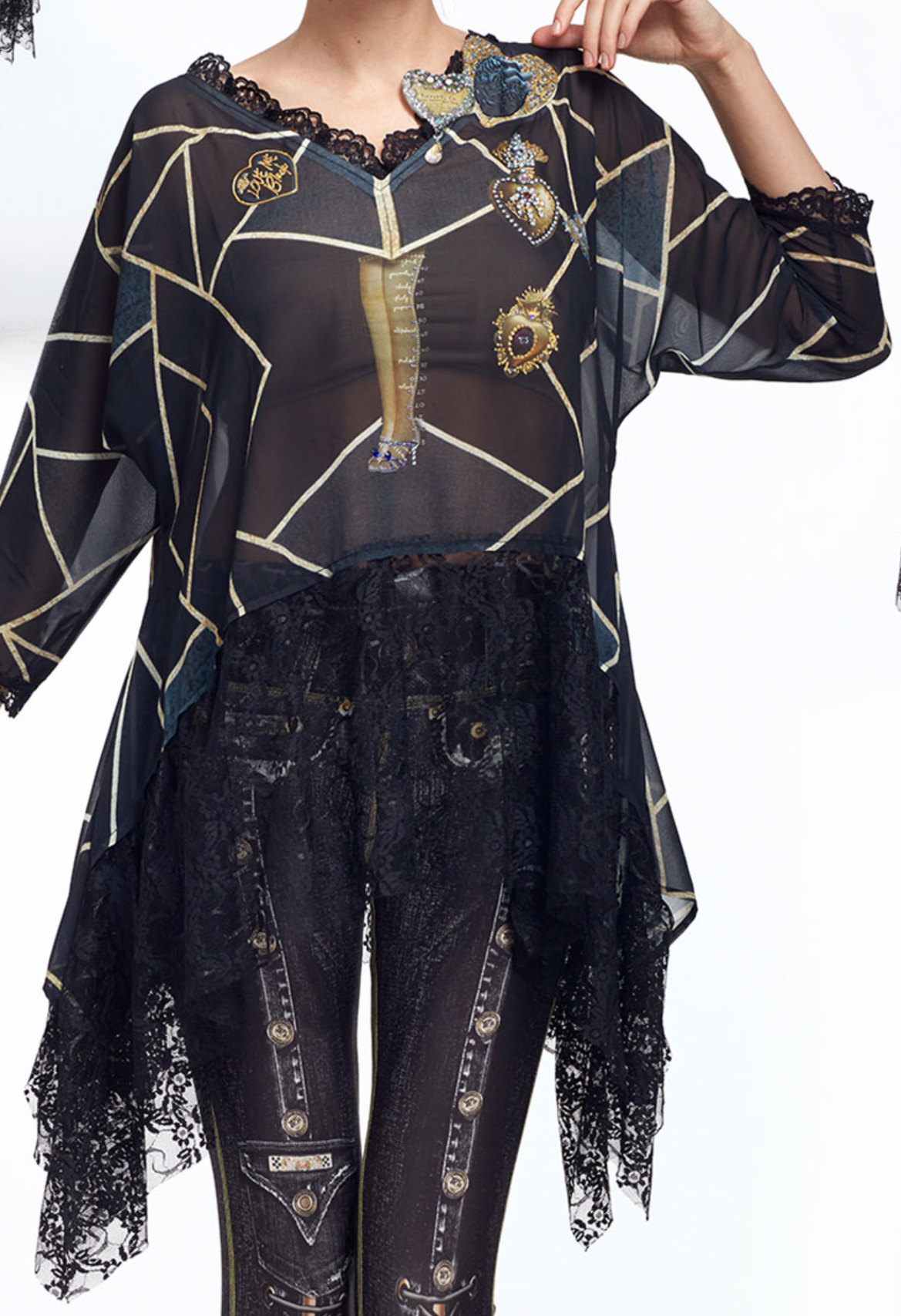 IPNG: Love Me Black Bejeweled Illusion Asymmetrical Tunic