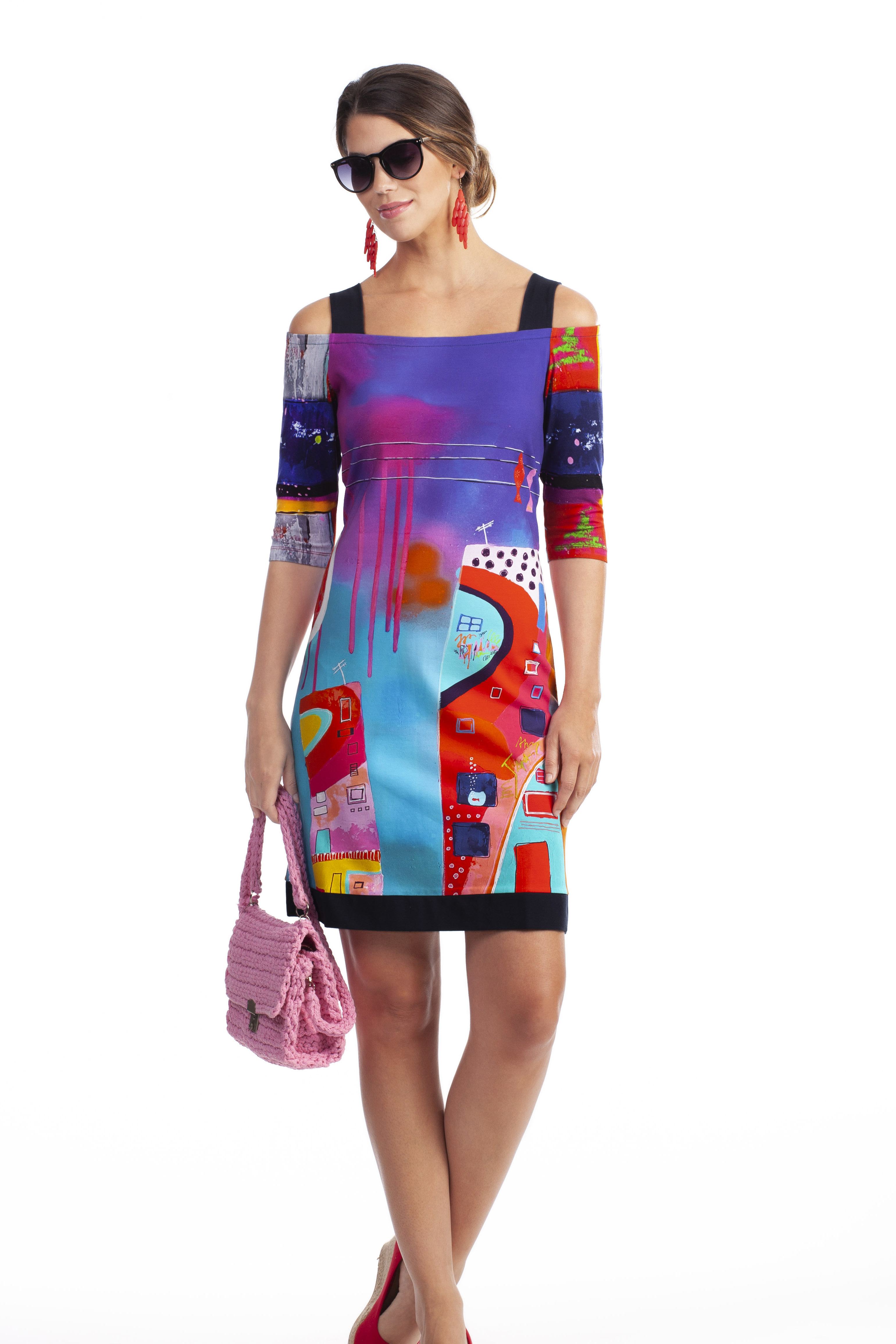 Simply Art Dolcezza: Fuschia Paint Spill Cold Shoulder Midi Dress/Tunic (2 Left!)