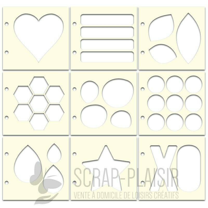 Lots de 9 pochoirs aux motifs à combiner avec des tampons de fonds Lots de 9 pochoirs aux motifs à combiner avec des tampons de fonds