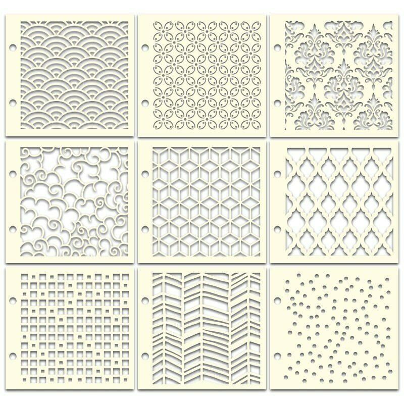 Lots de 9 pochoirs aux motifs géométriques et baroques Lots de 9 pochoirs aux motifs géométriques et baroques