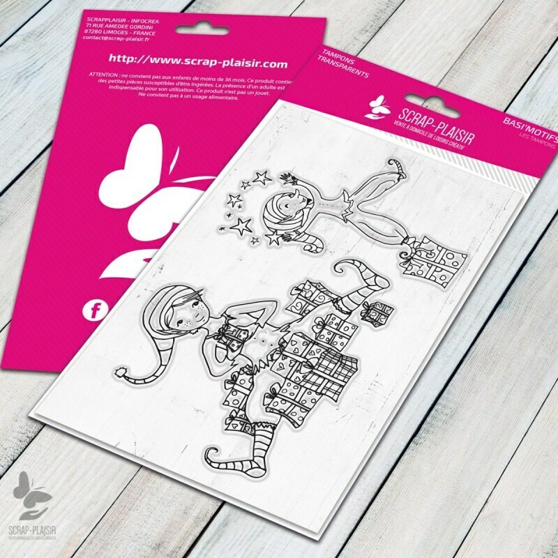Set de 2 tampons clear petits lutins et cadeaux - 10x15cm Set de 2 tampons clear petits lutins et cadeaux - 10x15cm