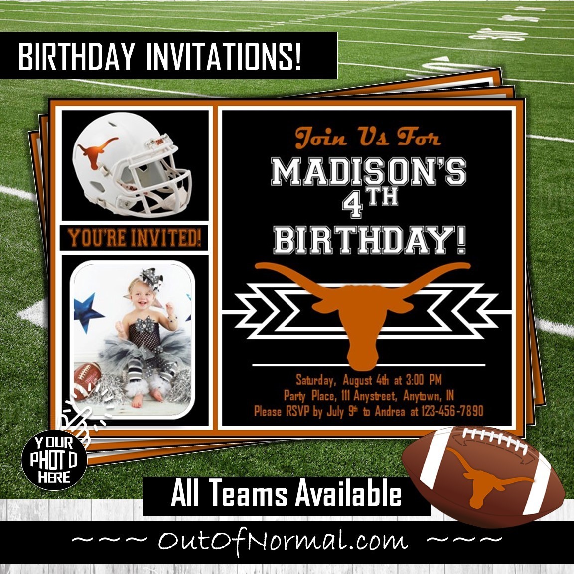 Texas Longhorns Photo Birthday Invitation College Footbal