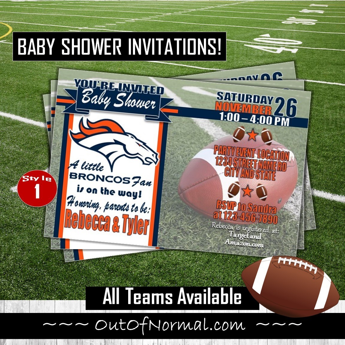 Denver Broncos 4"x6" NFL Football Baby Shower Invitation