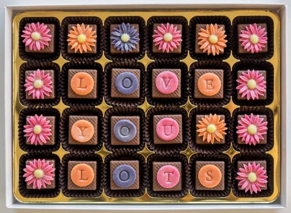 24 personalised chocs, choice of designs, marzipan filling 00009
