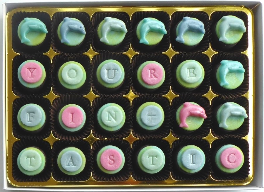YOU'RE FINTASTIC - dolphins on chocs filled with marzipan or flavoured fondant 00029