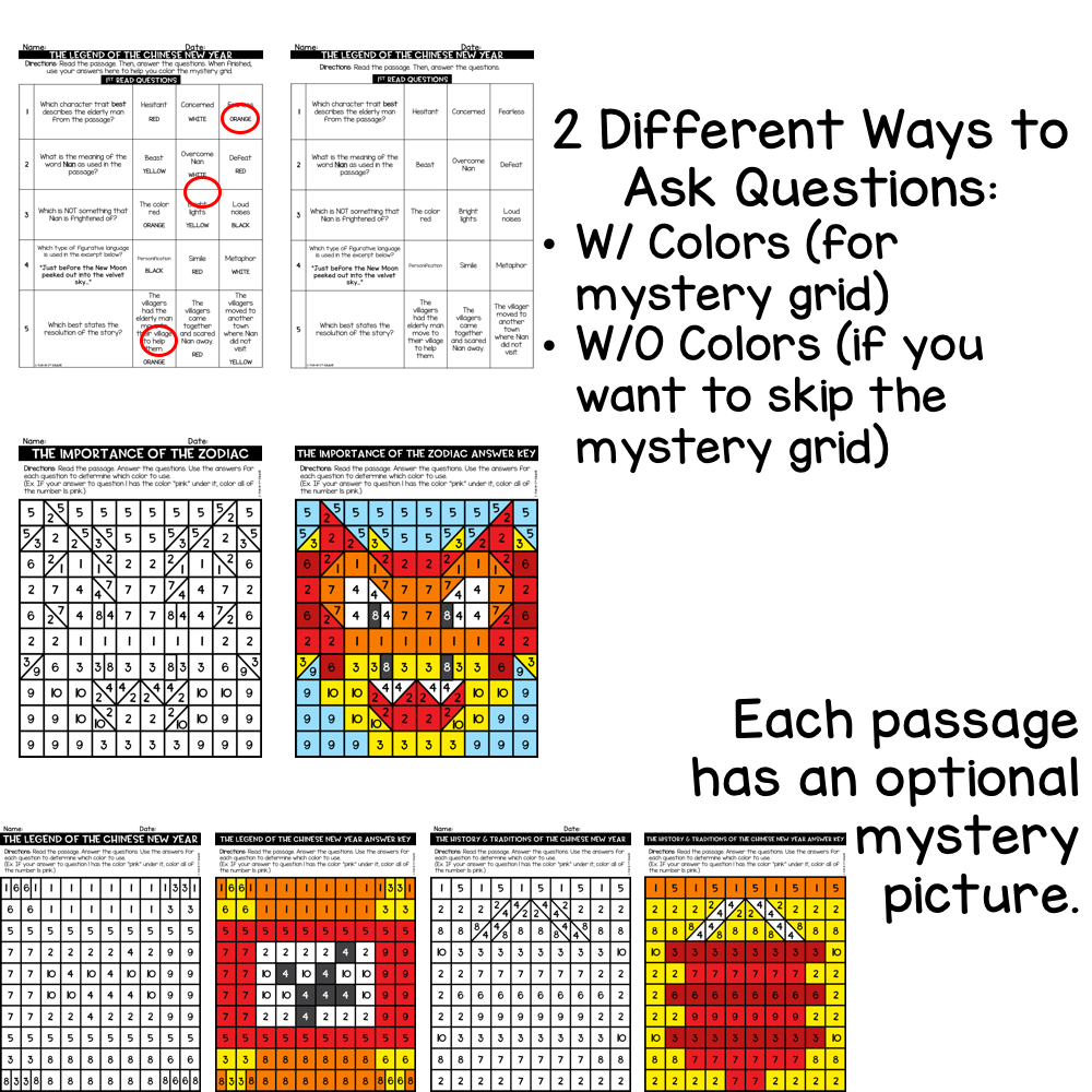 Chinese New Year Close Reading Comprehension w/ Mystery Picture Activity
