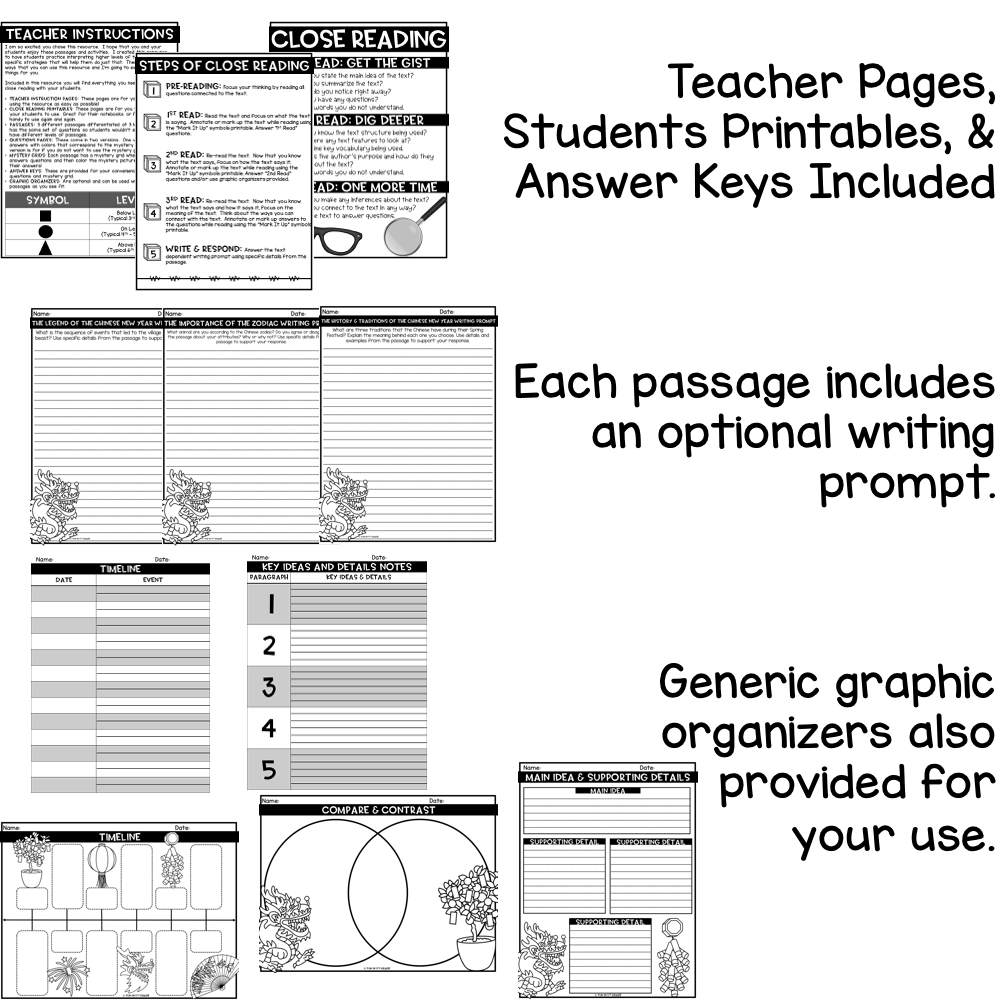 Chinese New Year Close Reading Comprehension w/ Mystery Picture Activity