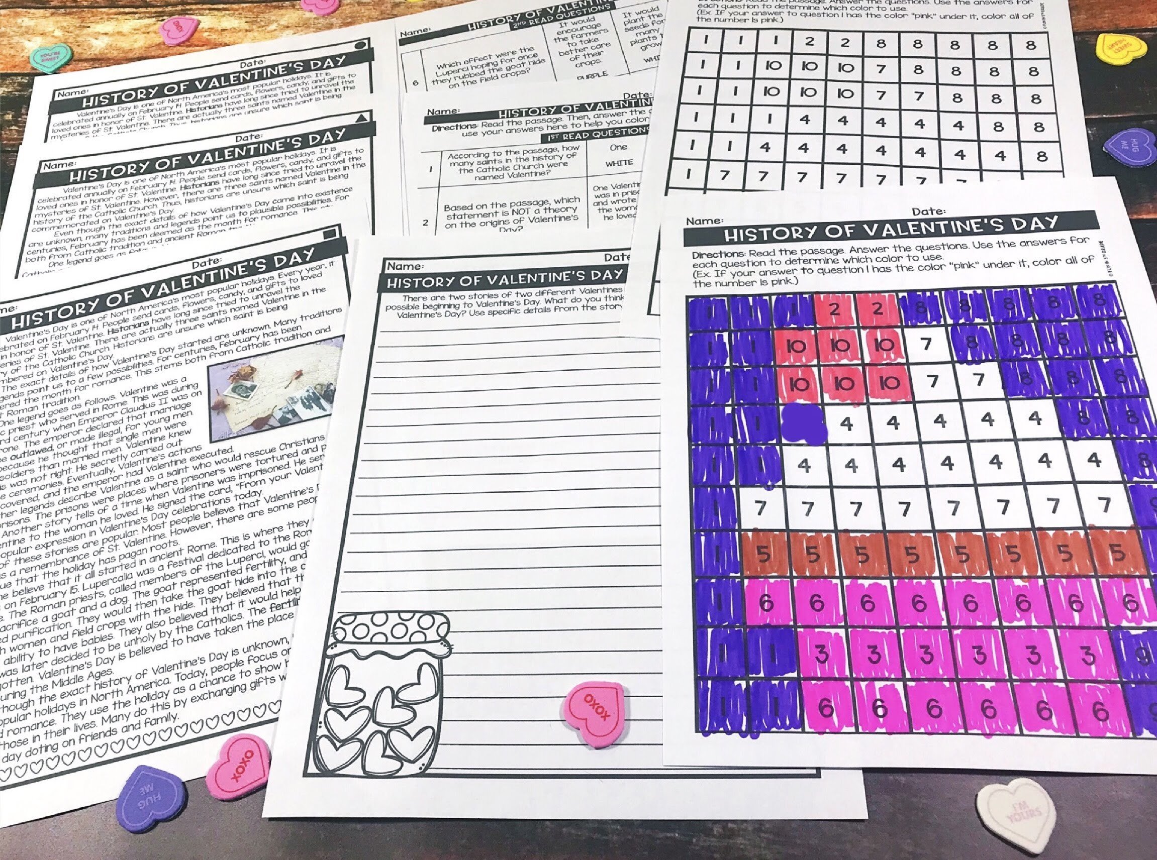 Valentine's Day Close Reading Comprehension w/ Mystery Picture Activity