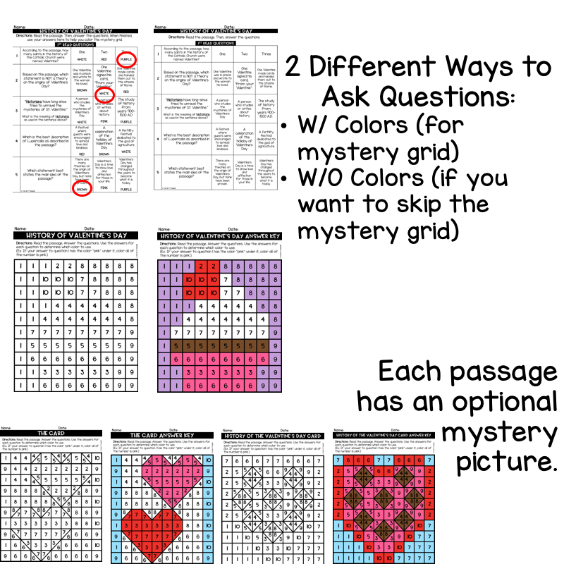 Valentine's Day Close Reading Comprehension w/ Mystery Picture Activity