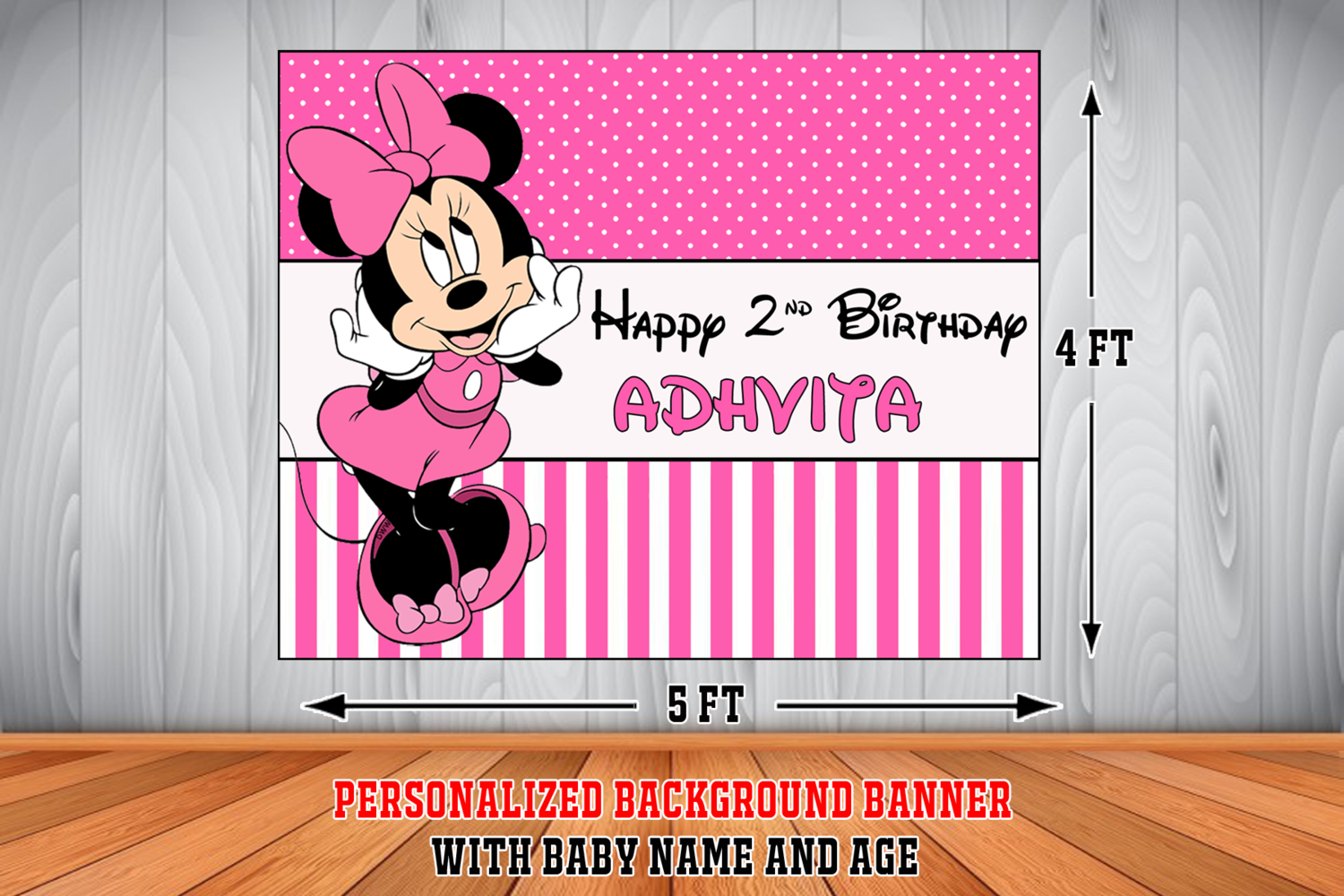 Personalized Minnie Mouse Birthday Backdrop / Background Banner (4ft x 5ft)