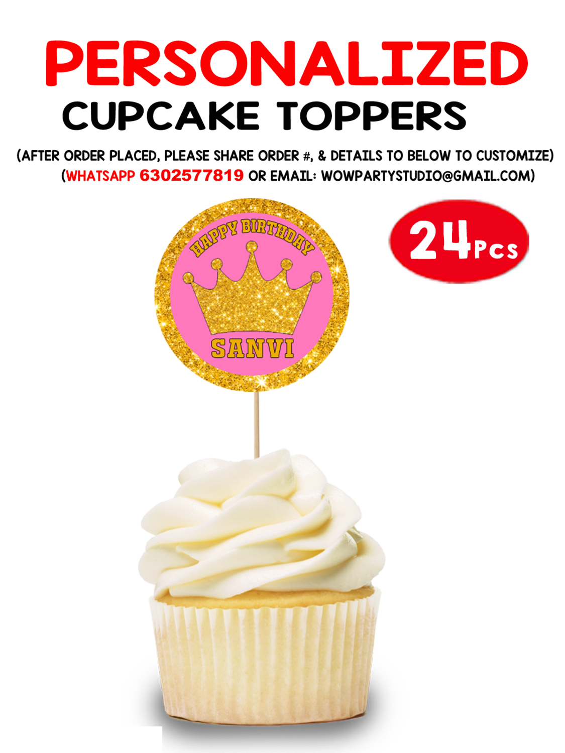 Personalized Royal Pink Princess Birthday Cupcake Topper (24 Pcs)