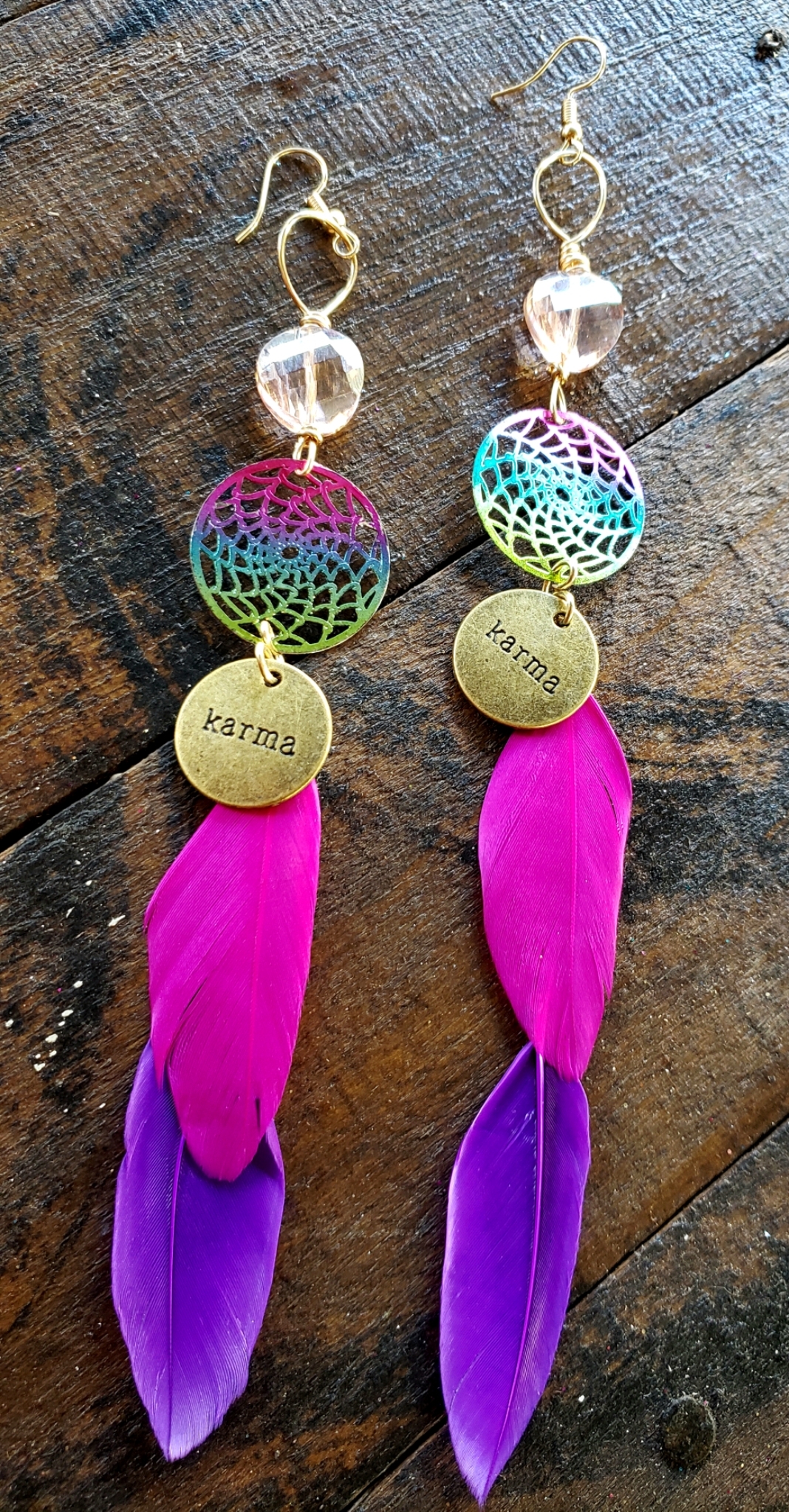 Karma Feather Rainbow Dreamcatcher earrings 00323