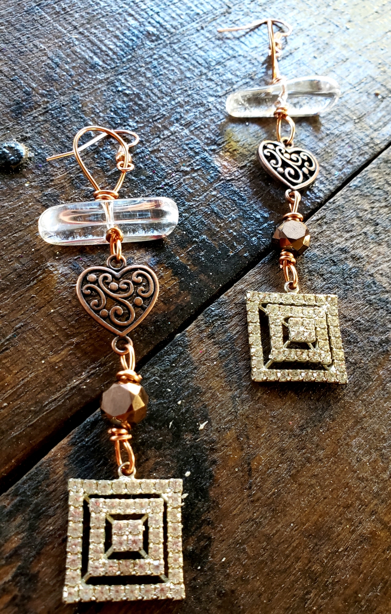 Crystal Quartz Copper Heart Rhinestone Earrings 00324