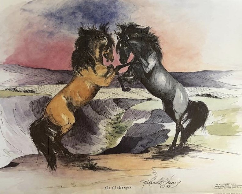 Mesteño (the famous original band stallion) Fighting the Grulla Stud. Image created by Rowland Cheney for the Breyer company model 00000