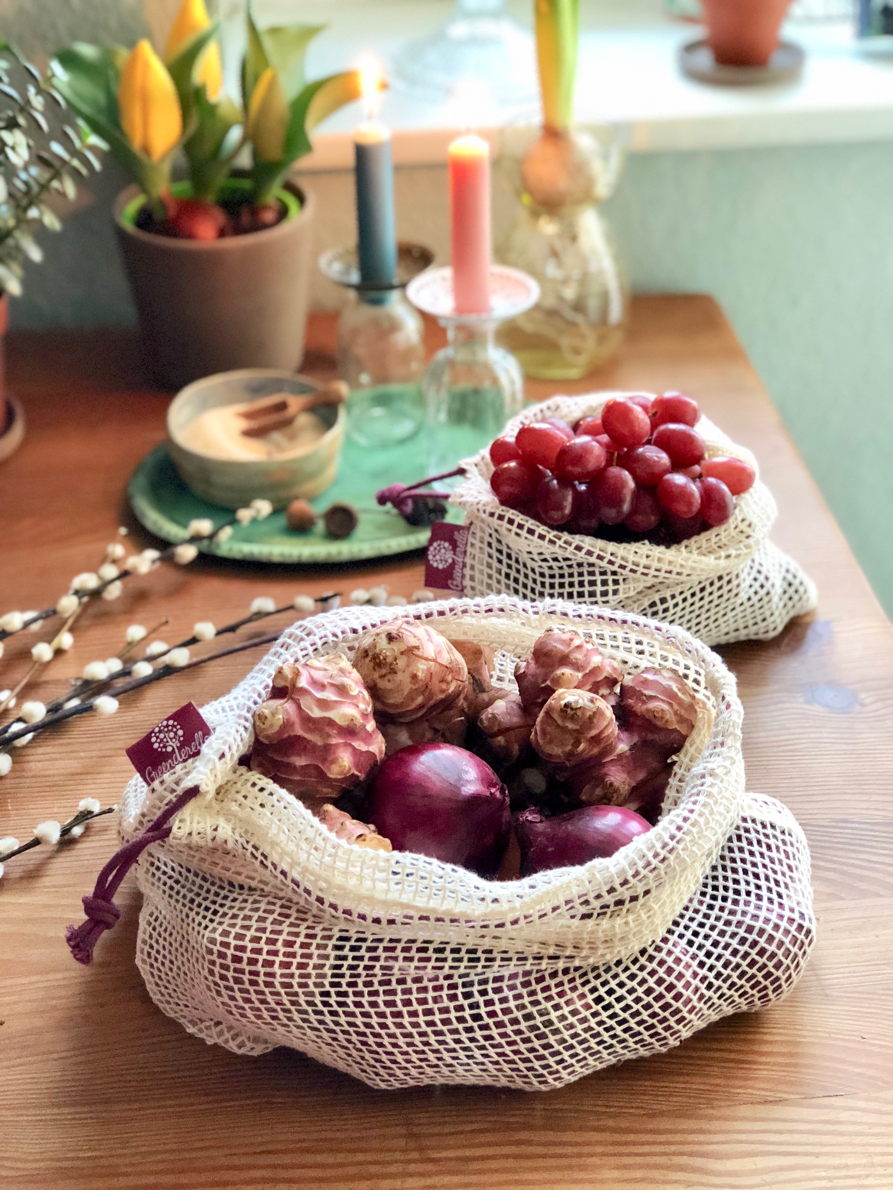 2er Set (L+M) berry, Einkaufsnetze aus Bio-Baumwolle
