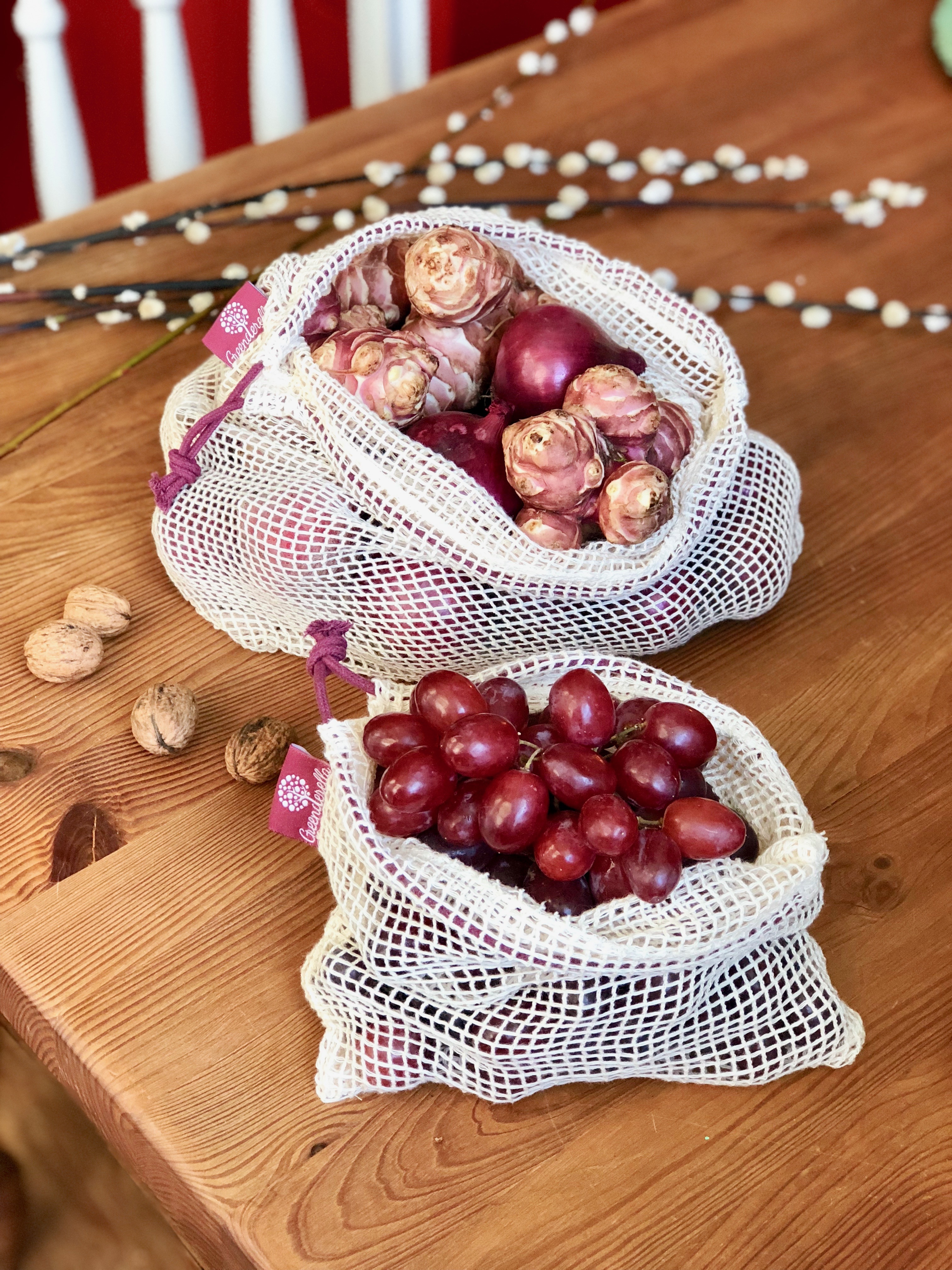 2er Set (L+M) berry, Einkaufsnetze aus Bio-Baumwolle