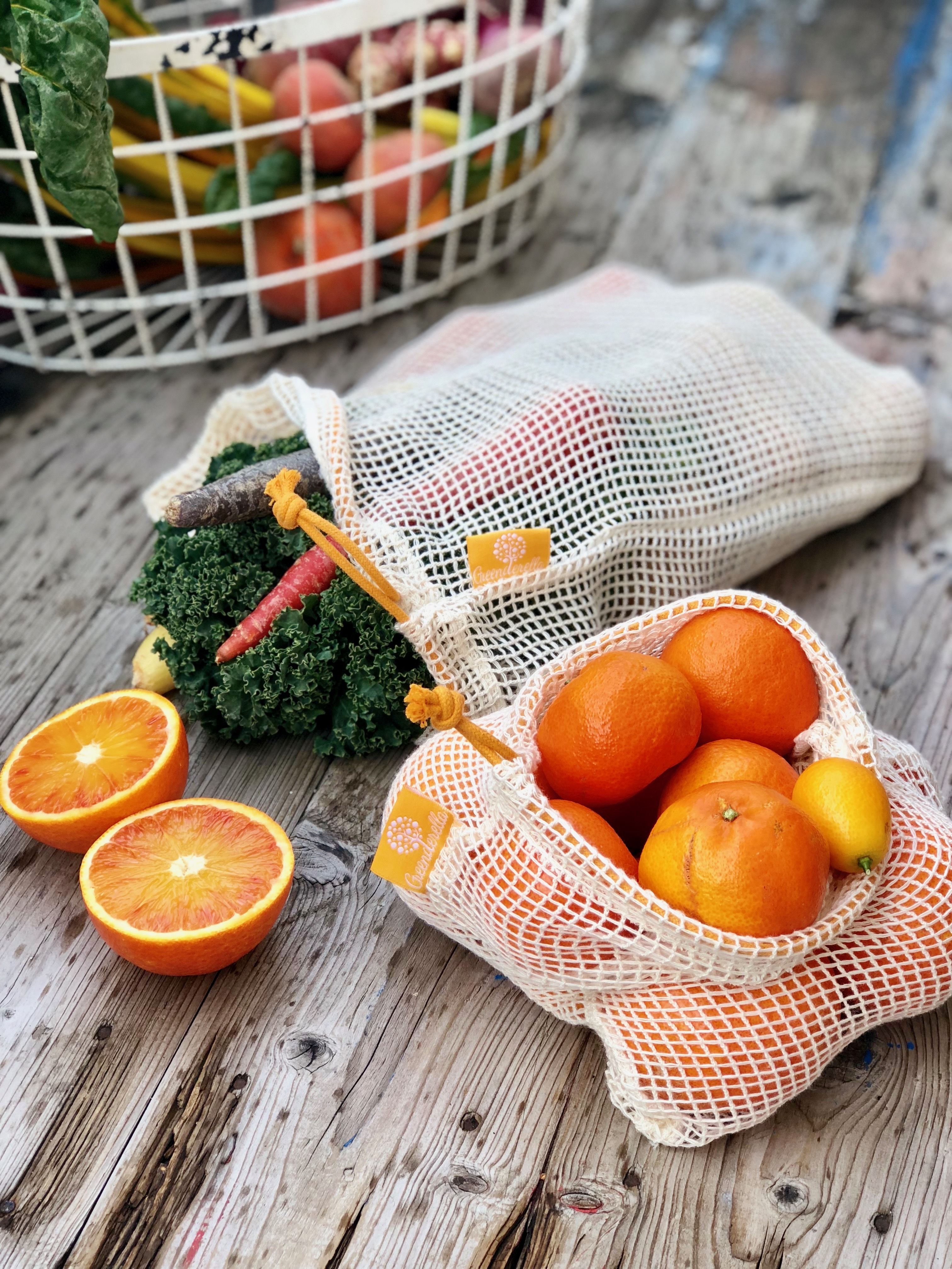 2er Set (L+M) gelb, Einkaufsnetze aus Bio-Baumwolle