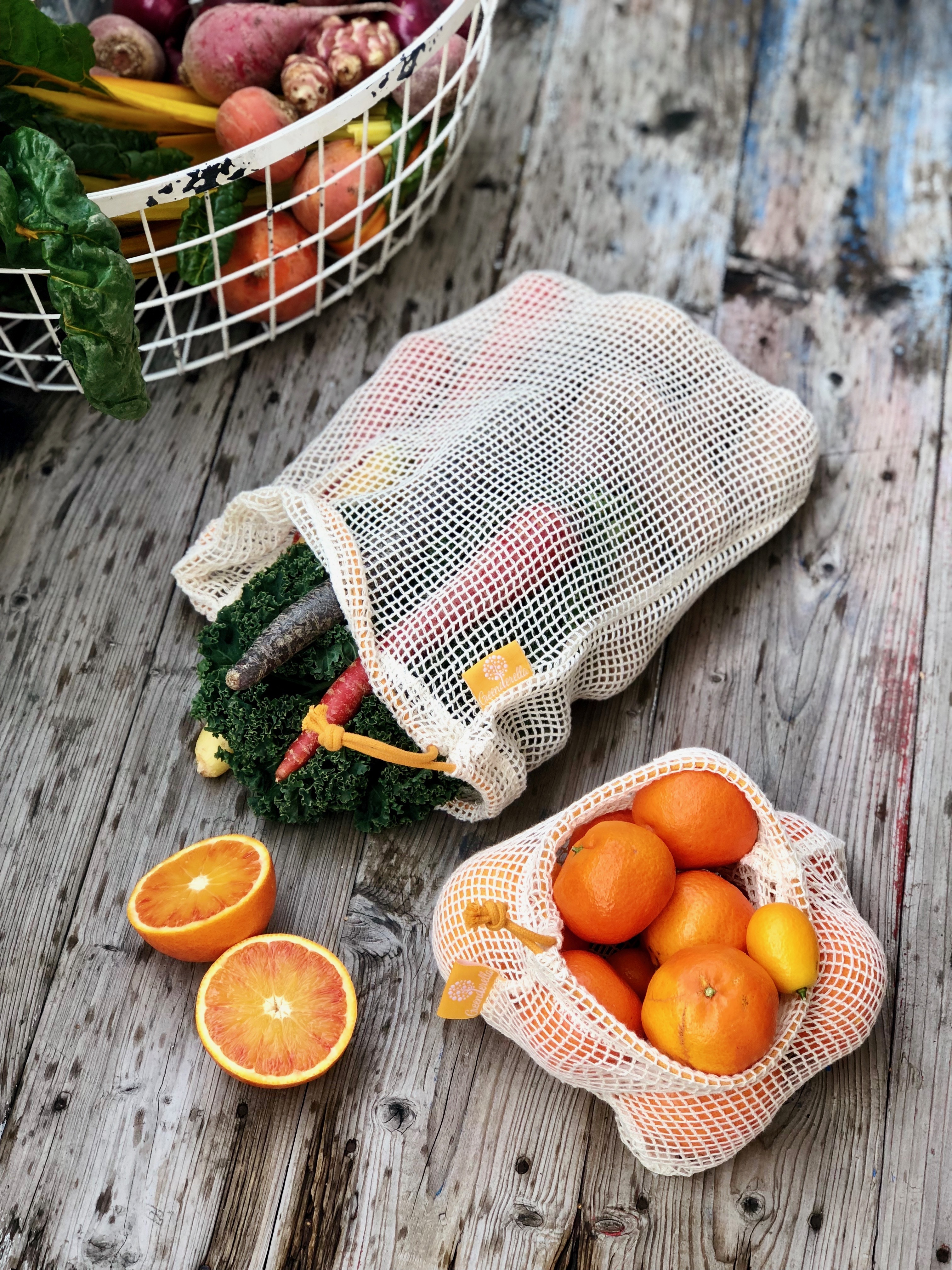 2er Set (L+M) gelb, Einkaufsnetze aus Bio-Baumwolle