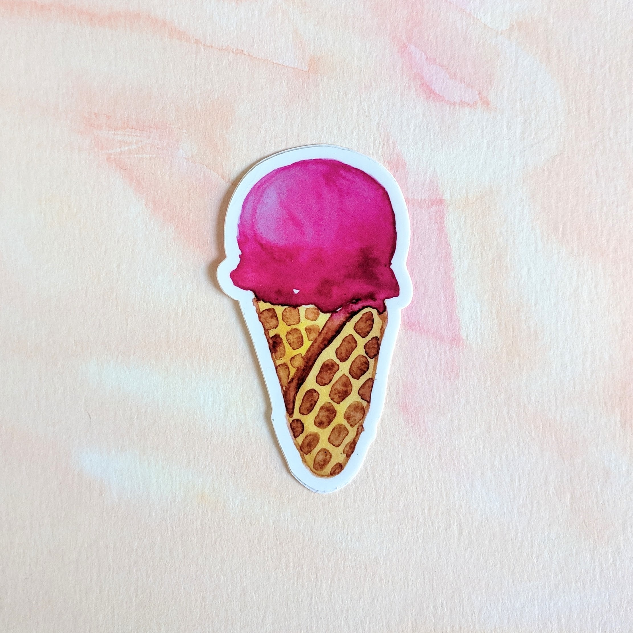 Pink Ice Cream Cone - Durable Vinyl Sticker - Watercolor Illustration 00007