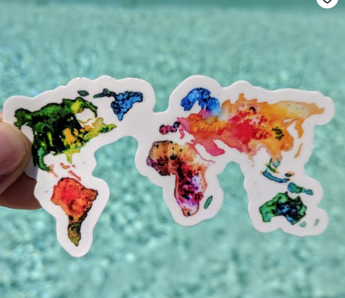 Watercolor World Map - Durable Vinyl Sticker of Map of the World for Travelers - Bujo - Planner Sticker