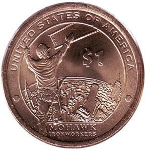 США 1 доллар, 2015 год. Сакагавея Индеец из племени Моговак на строительстве небоскреба в Нью-Йорке 00314