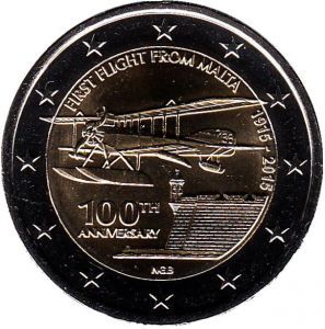 2 евро Мальта. 2015 г. 100 лет первому авиаполёту с Мальты.