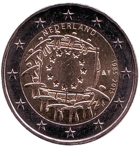 2 евро Нидерланды. 2015 г. 30 лет Флагу Европы. 00355