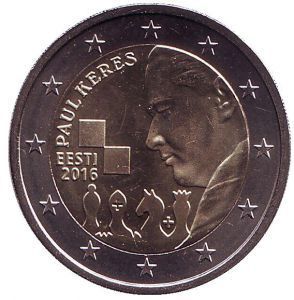 2 евро Эстония. 2016 г. 100 лет со дня рождения Пауля Кереса. 00402