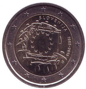 2 евро Словения. 2015 г. 30 лет Флагу Европы. 00416