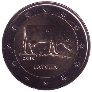 2 евро Латвия. 2016 г. Корова. 00454
