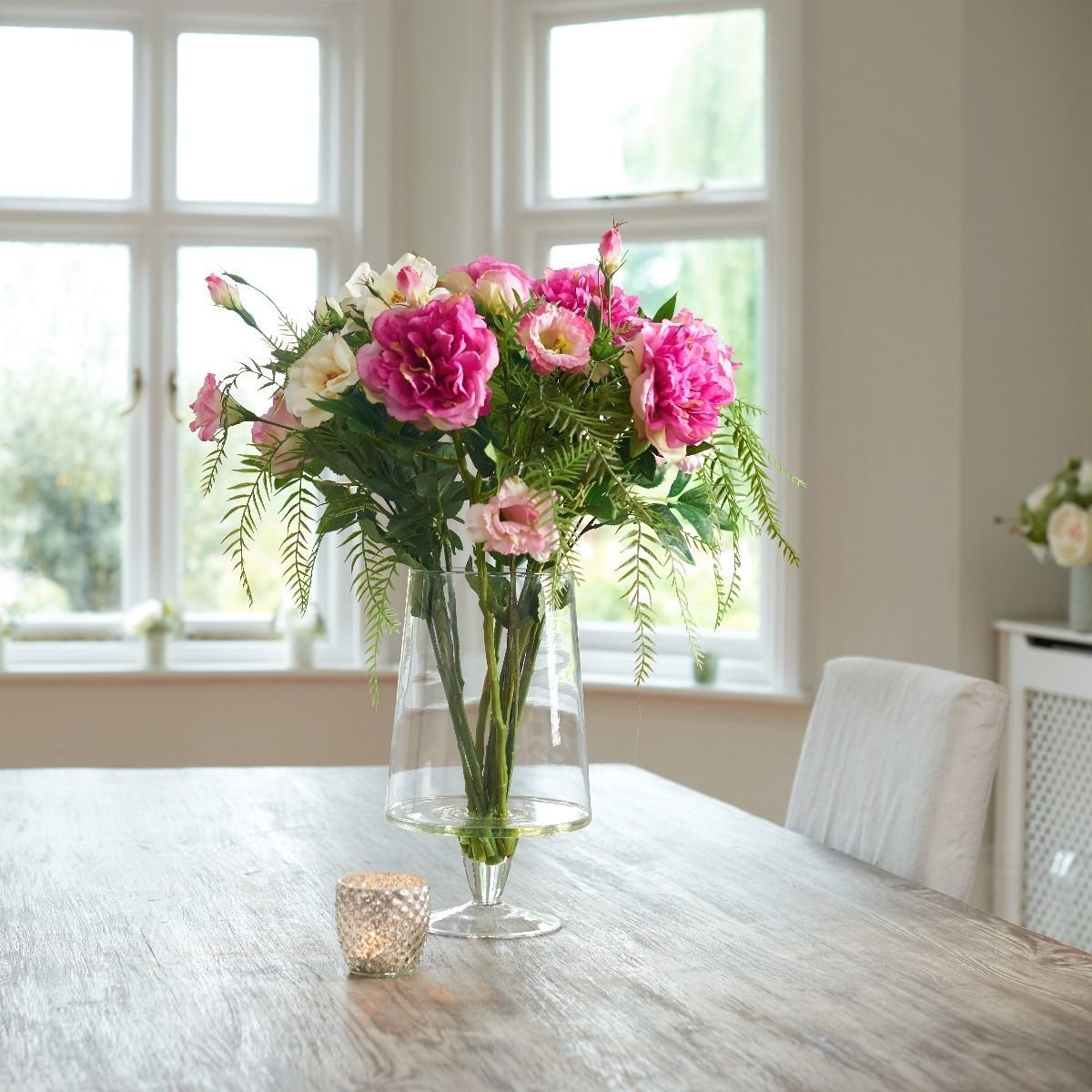 Artificial Roses Peonies And Lisianthus In A Footed Cylinder Vase