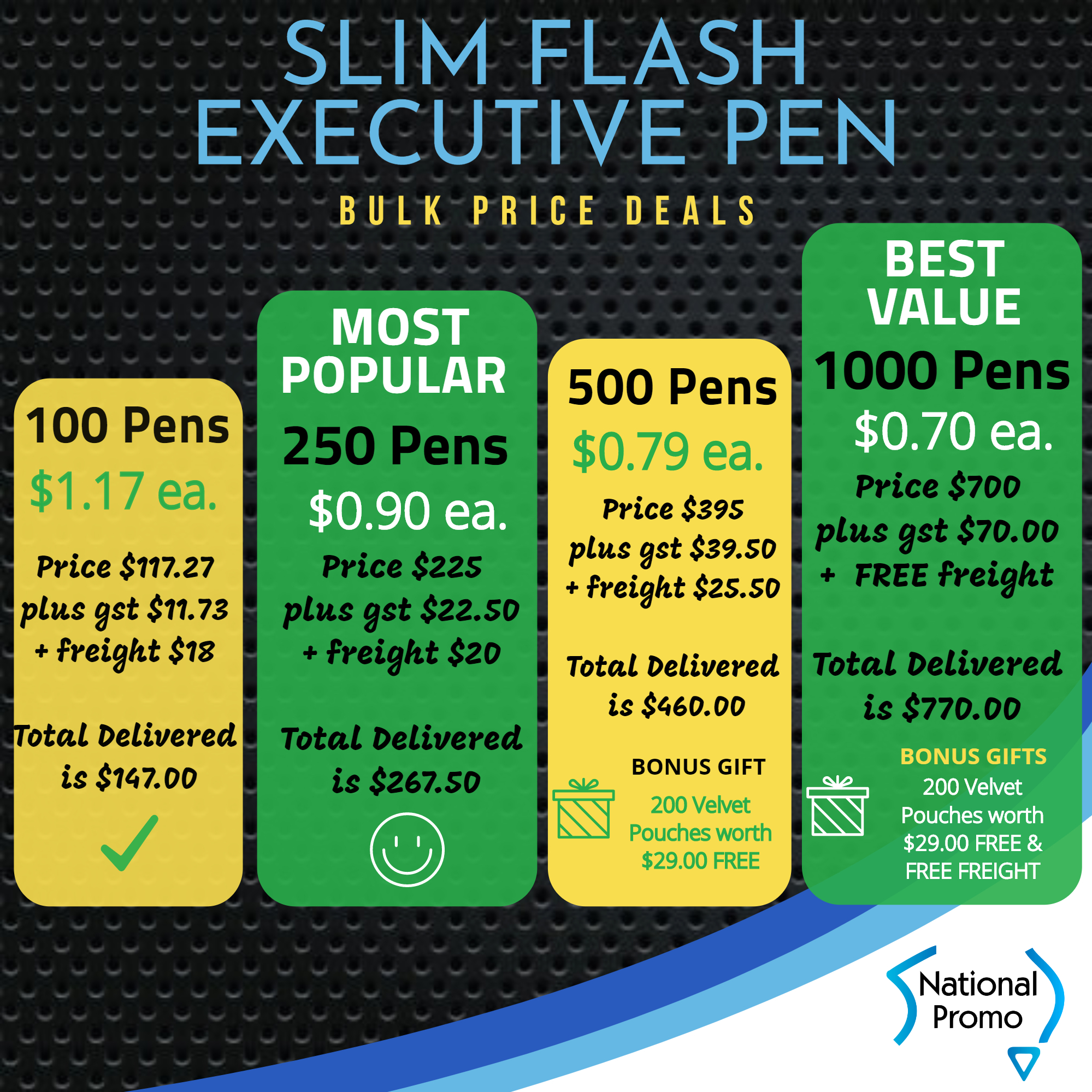 250 Metal Slim Flash Pens for $225*