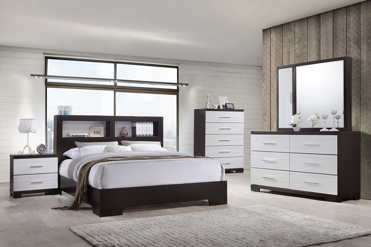 4pc Queen Las Vegas Two Tone White And Espresso Finish Wood Bedroom Set