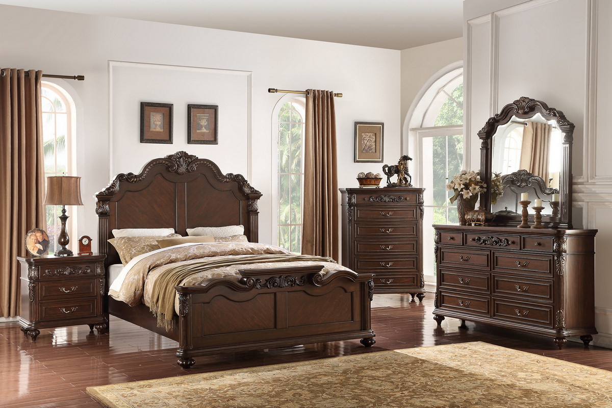 Elizabeth Dark Brown Finish Wood Carved Headboard Queen 4pc Bedroom Set