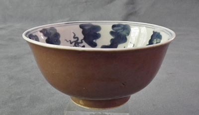 SOLD Antique Chinese, Qing Dynasty Blue & White café-au-lait porcelain Bowl