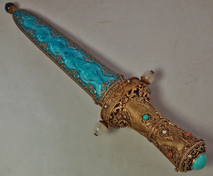 SOLD Jeweled and Enameled Gild Silver Dagger in Hungarian Transylvanian Manner