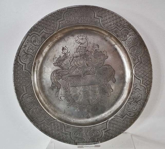 SOLD Antique 17th 18th century Armorial Pewter Plate Coat-Of-Arms De Melun With Order Of The Golden Fleece  