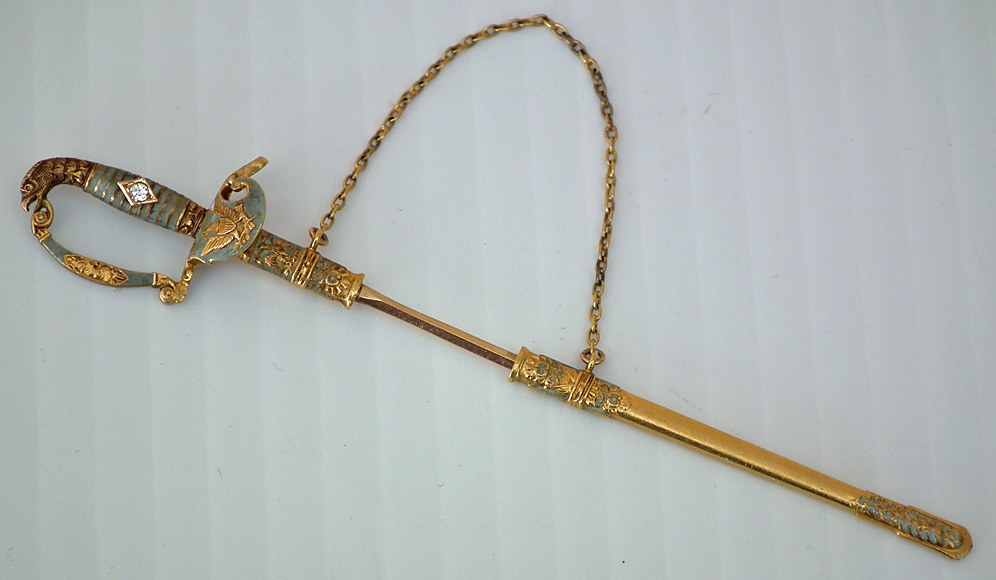 SOLD Antique 19th century American Gold Enamel Miniature Eagle Head Sword Pin Broach