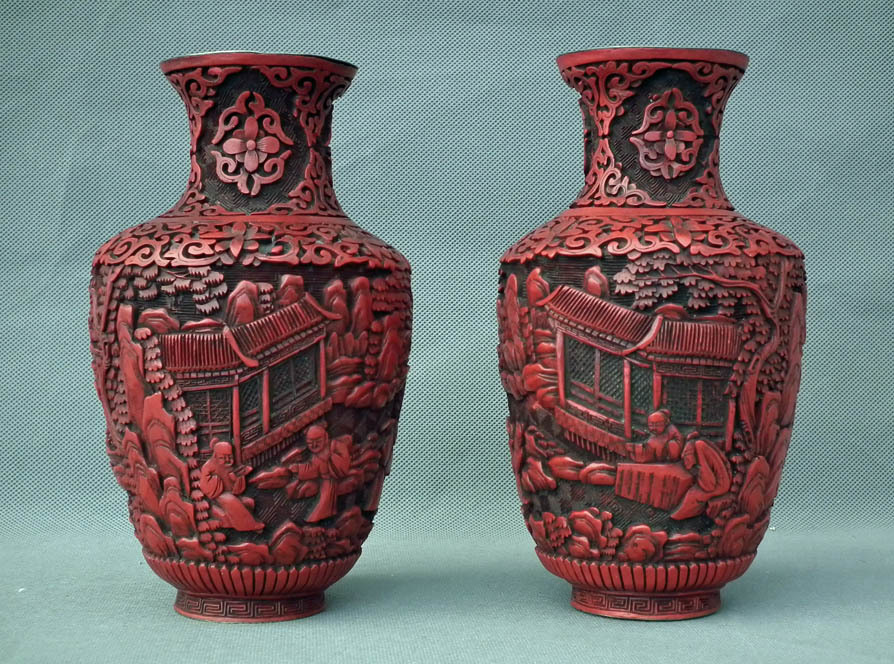 SOLD A Pair Of Antique Chinese Cinnabar Lacquer Vases Imperial China: Qing Dynasty (1644–1911).