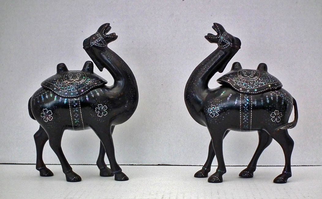 SOLD Pair Of Chinese Antique Mother-Of-Pearl Inlaid Black-Lacquered Camels Qing Dynasty 1644-1911
