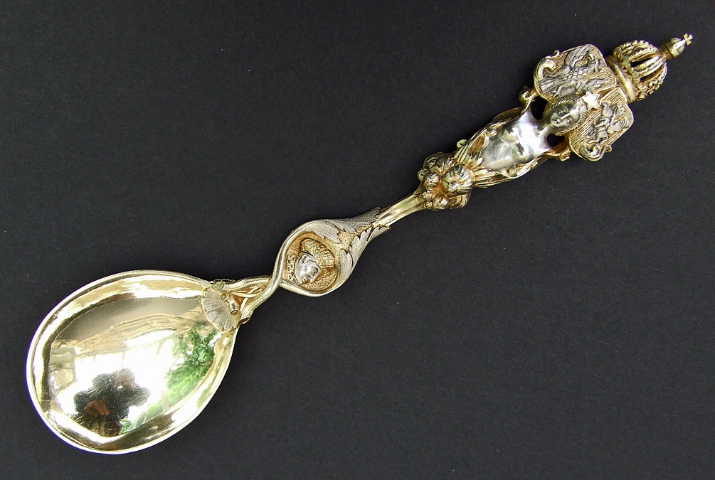 SOLD Antique Polish Gilt Silver Gilt Spoon with Polish–Lithuanian Coat Of Arms And Portrait Of Sigismund I The Old
