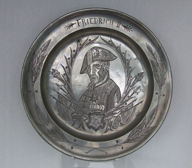 SOLD Antique 18th century German Pewter Plate with Engraved Portrait Frederick The Great King of Prussia