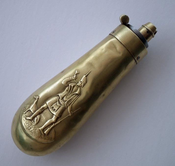 SOLD Antique  Brass Gun Powder Flask With Scottish Highlander