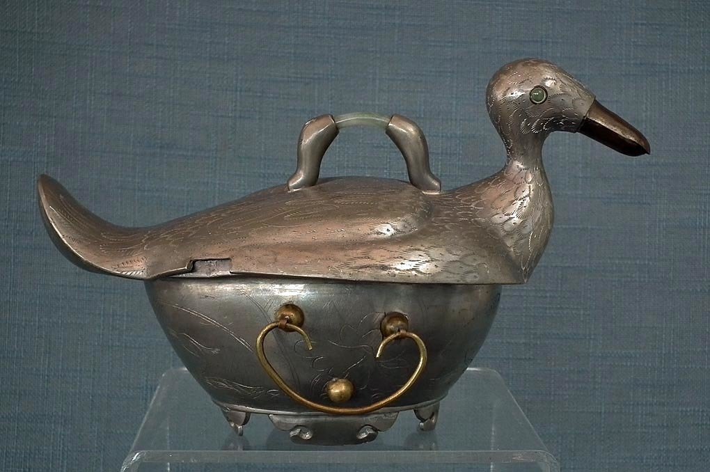 SOLD Antique Chinese Qing Dynasty Pewter Duck Shape Turin With Jade Jadeite