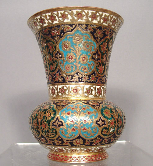 SOLD Antique Islamic Indian Mughal Enamelled Gilt Copper Vase 18th c