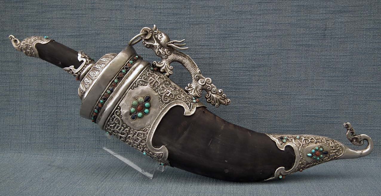 SOLD  Antique 19th century Mongolian Chinese Dagger Sword In Jeweled Silver